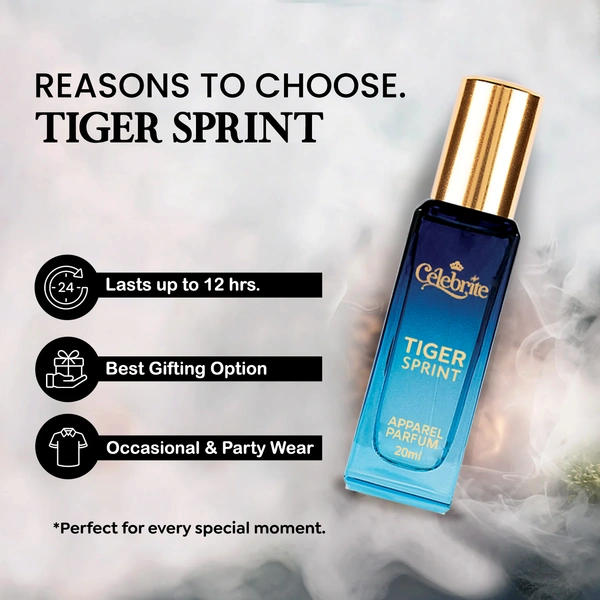 Tiger Sprint - Unleash Bold Energy with This Long-Lasting Bollywood-Inspired Apparel Perfume, 20 ML - 20 ML, 20 ML