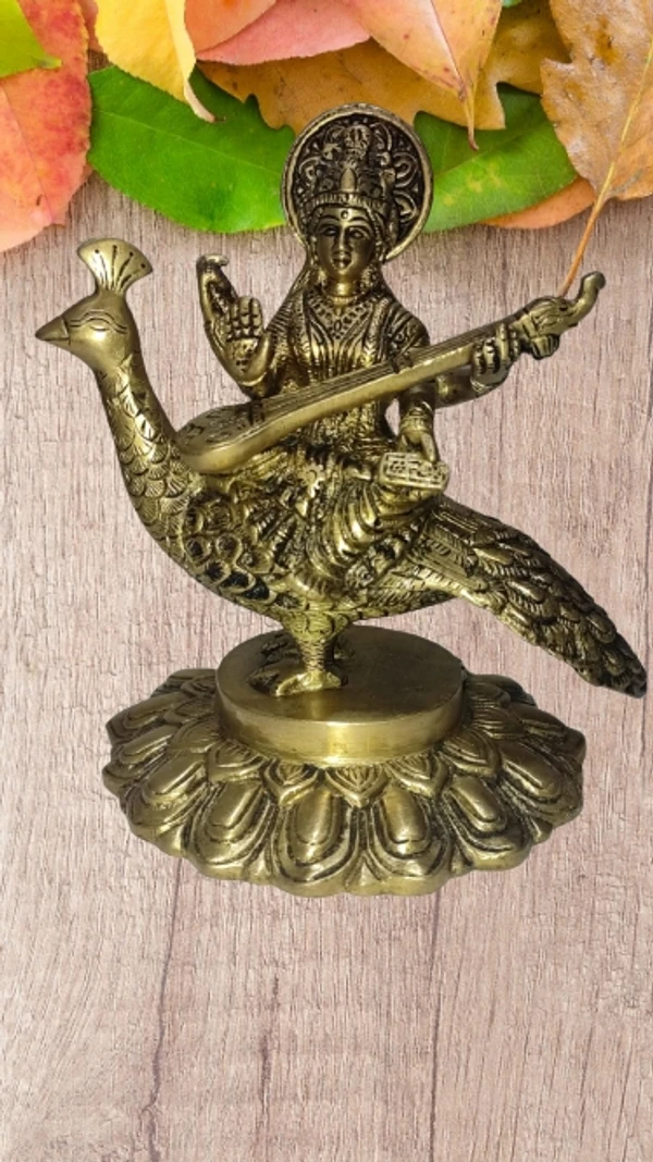 PJH Saraswati With Peacock  - Brass, 1550 gms.