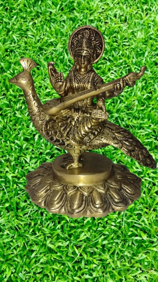 PJH Saraswati With Peacock  - Brass, 1550 gms.