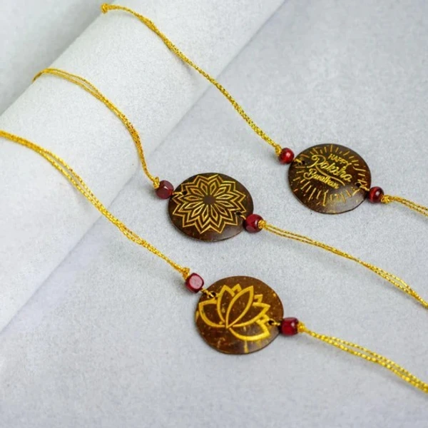 Rakhi - Eco-Friendly Coconut Shell Rakhis for Brothers (Includes 3 Rakhis, Jute Potli & Raksha Bandhan Card) - Set of 3