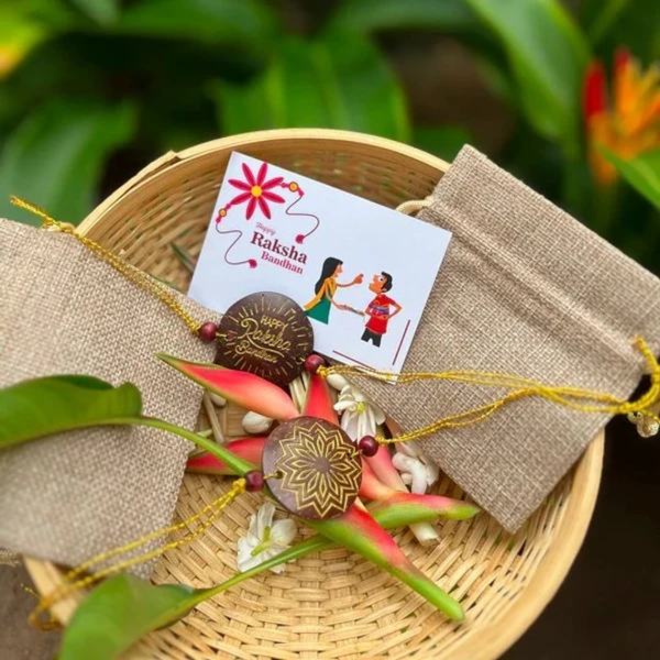 PJH Rakhi - Eco-Friendly Coconut Shell Rakhis for Brothers (Includes 3 Rakhis, Jute Potli & Raksha Bandhan Card) - Set of 3 - Coconut Shell