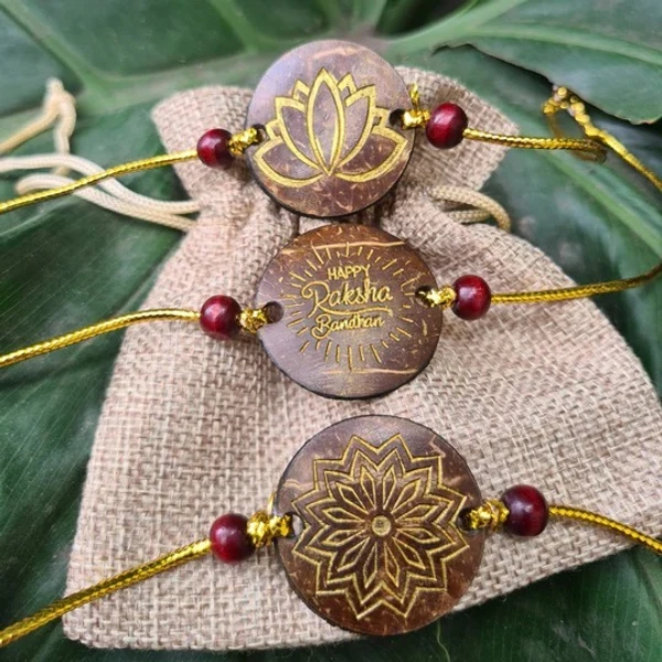 PJH Rakhi - Eco-Friendly Coconut Shell Rakhis for Brothers (Includes 3 Rakhis, Jute Potli & Raksha Bandhan Card) - Set of 3 - Coconut Shell