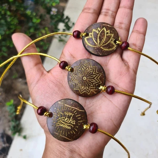 PJH Rakhi - Eco-Friendly Coconut Shell Rakhis for Brothers (Includes 3 Rakhis, Jute Potli & Raksha Bandhan Card) - Set of 3 - Coconut Shell