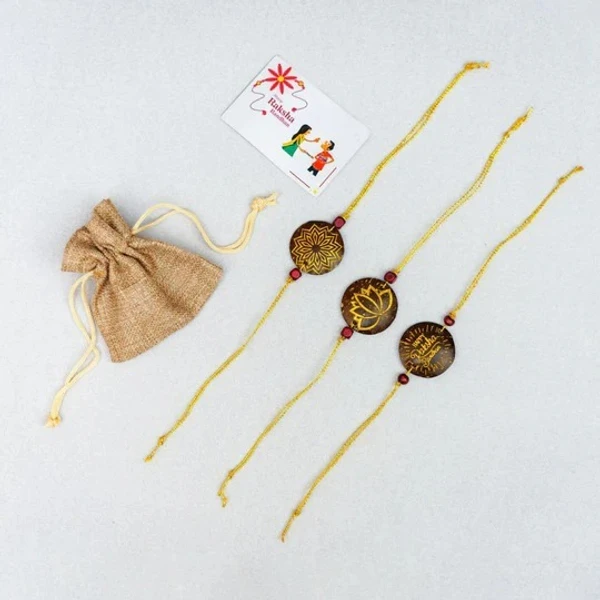 PJH Rakhi - Eco-Friendly Coconut Shell Rakhis for Brothers (Includes 3 Rakhis, Jute Potli & Raksha Bandhan Card) - Set of 3 - Coconut Shell