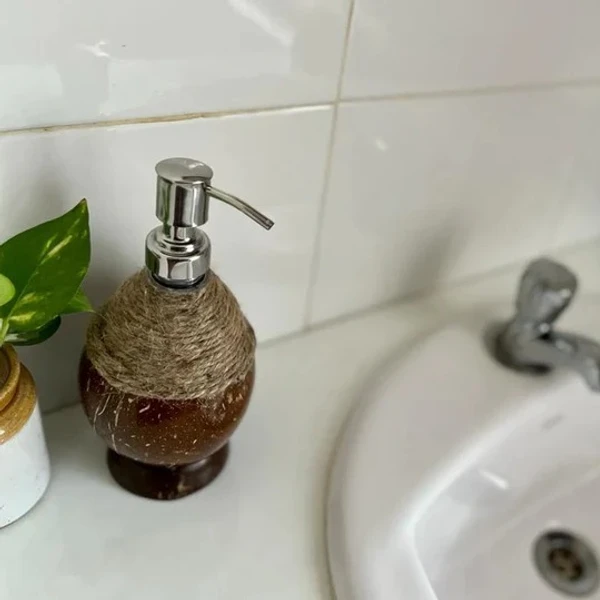 PJH Soap Dispenser - Soap Dispenser with Metal Pump & Coir Rope Detail - Coconut Shell