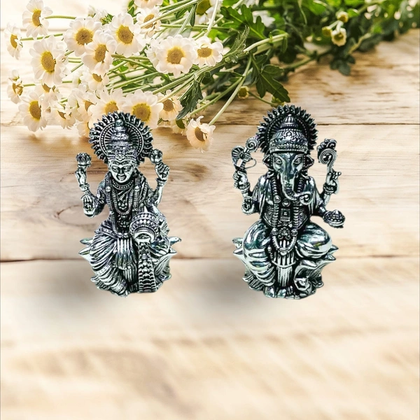 PJH 925 Silver Laxmi Ganesh Idol – Pure Silver, Antique Finish, Ideal for Diwali Puja, Home Temple, Office & Gifting |
