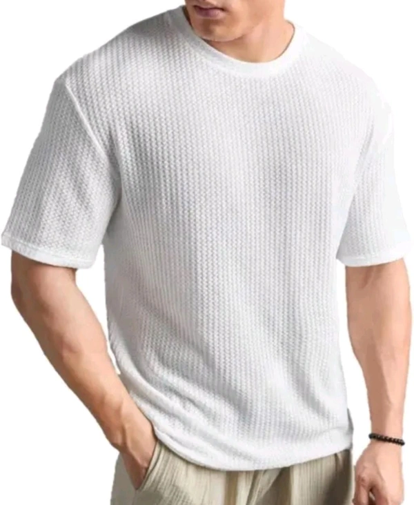 Classical Rhino  Men Striped Round Neck Cotton Blend Blend Popcorn T-Shirts Round Neck White Colour T-Shirt - White, XXS