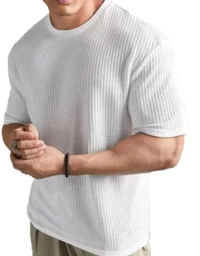 Classical Rhino  Men Striped Round Neck Cotton Blend Blend Popcorn T-Shirts Round Neck White Colour T-Shirt - White, XXS