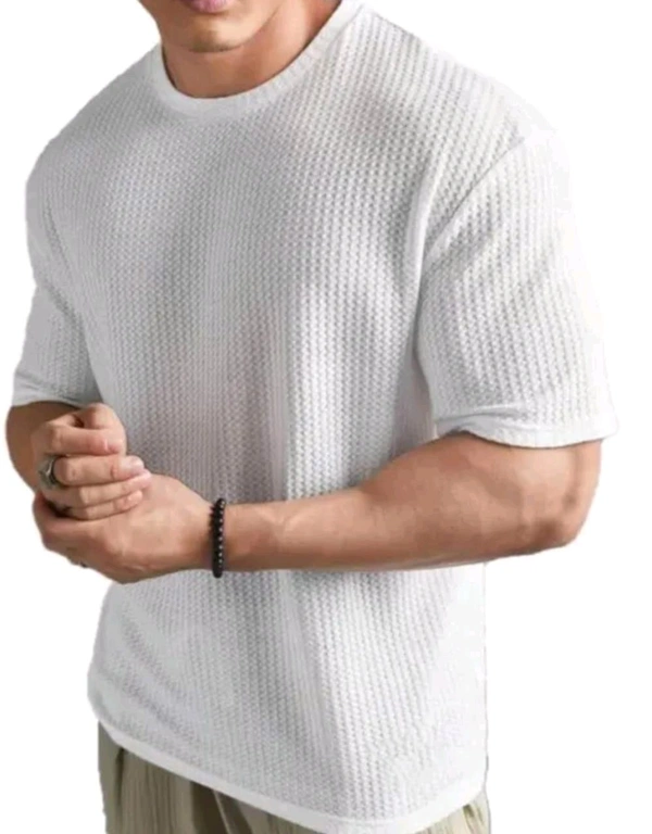 Classical Rhino  Men Striped Round Neck Cotton Blend Blend Popcorn T-Shirts Round Neck White Colour T-Shirt - White, XXS