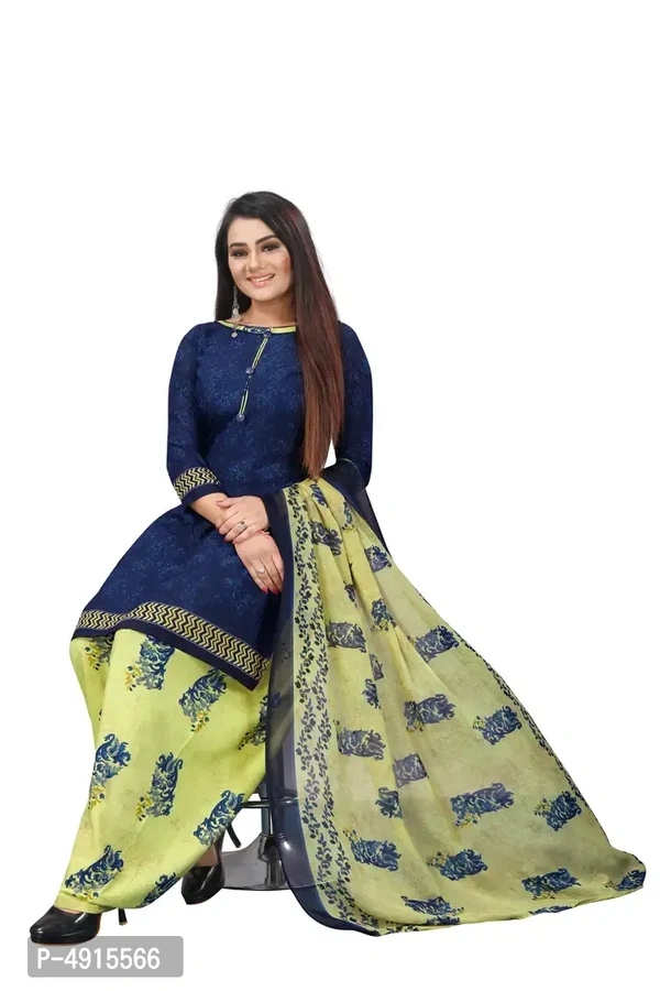 दुपट्टे के साथ खूबसूरत अमेरिकन क्रेप प्रिंटेड ड्रेस मटेरियल - Blue