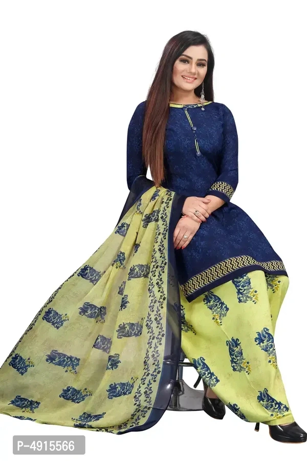 दुपट्टे के साथ खूबसूरत अमेरिकन क्रेप प्रिंटेड ड्रेस मटेरियल - Blue