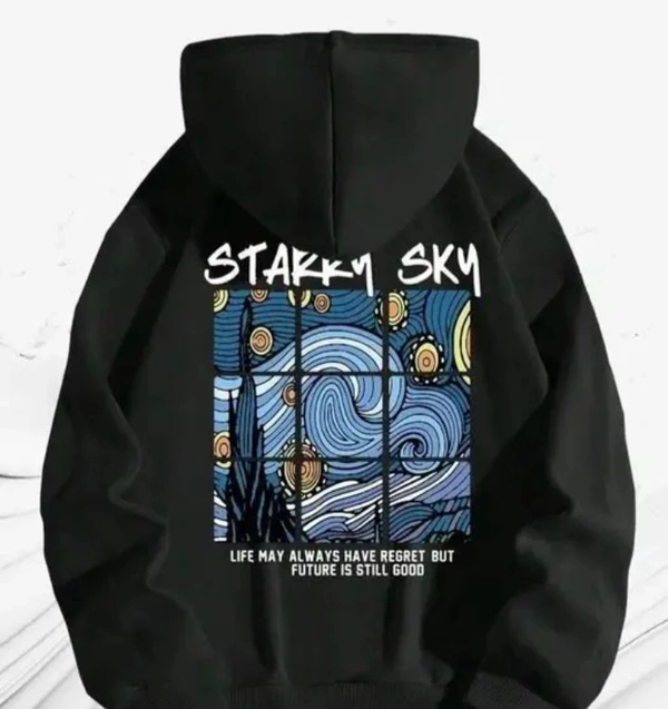 Black Printed Hoody For Mens Solid Color  - XL