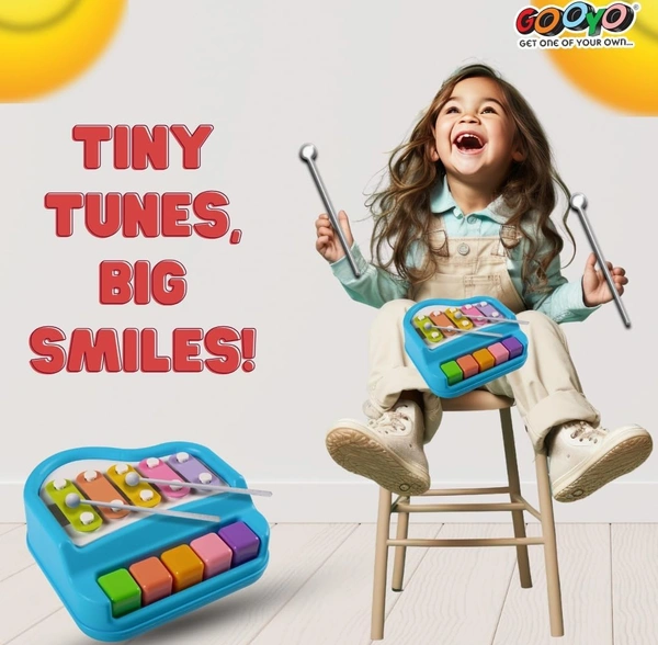 Gooyo 1503 Non Battery 2 in 1 Mini Piano and Xylophone Toy with Colorful Keys & 2 Mallets for Babies/Girls/Boys/Kids/Gifts | Blue Color (Battery Not Required)