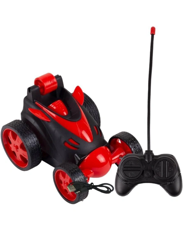 Rotating & Rolling Rechargeable Small Stunt Racing Car Toy Comes with USB Charging Cable & Remote Controller | Red Color, Power Source: Lithium Rechargeable Battery for Car (Included)