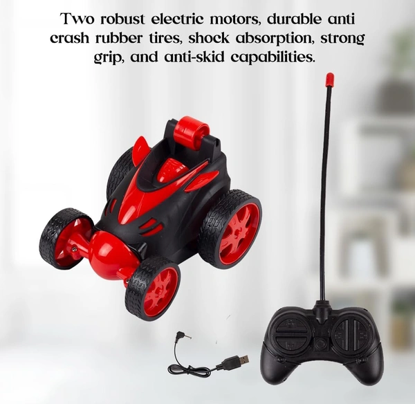 Rotating & Rolling Rechargeable Small Stunt Racing Car Toy Comes with USB Charging Cable & Remote Controller | Red Color, Power Source: Lithium Rechargeable Battery for Car (Included)