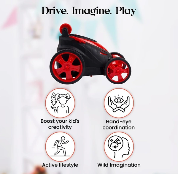 Rotating & Rolling Rechargeable Small Stunt Racing Car Toy Comes with USB Charging Cable & Remote Controller | Red Color, Power Source: Lithium Rechargeable Battery for Car (Included)