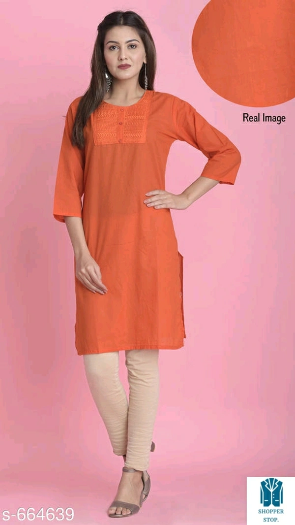 Catalog Name:*⭐Women Cotton A-line Solid Orange Kurti*Fabric: CottonSleeve Length: Three-Quarter SleevesPattern:  - 