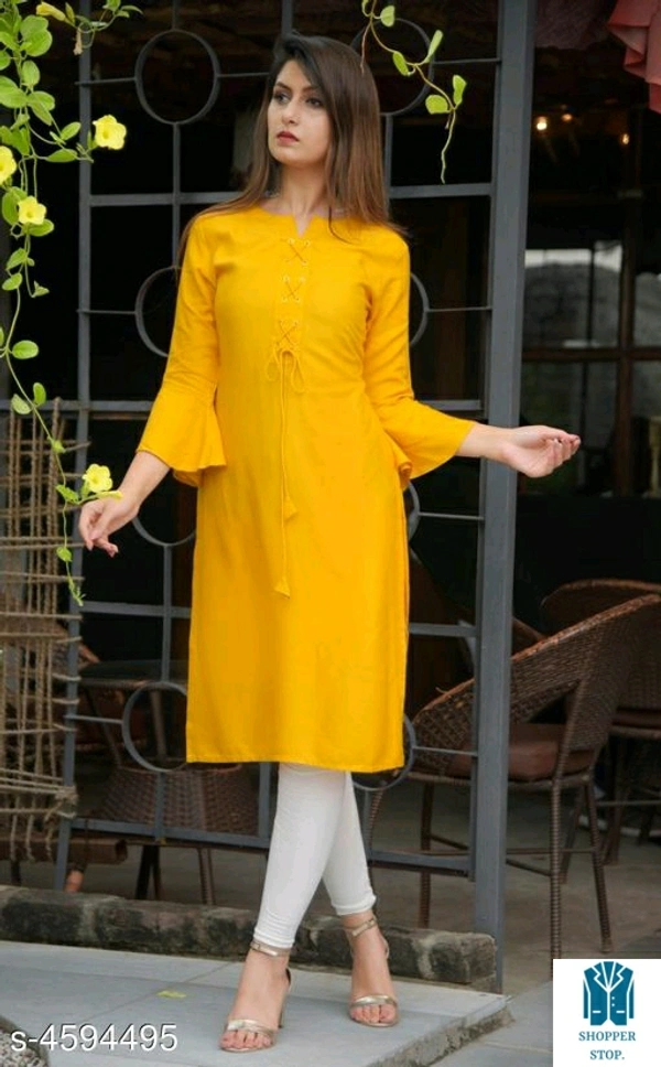 Catalog Name:*Women Rayon A-line Solid Yellow Kurti*Fabric: RayonSleeve Length: Three-Quarter SleevesPattern: SolidCombo 