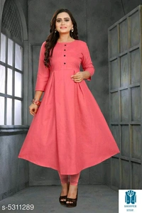 Catalog Name:*⭐Women Cotton Flared Solid Mustard Kurti*Fabric: CottonSleeve Length: Three-Quarter SleevesPattern: 