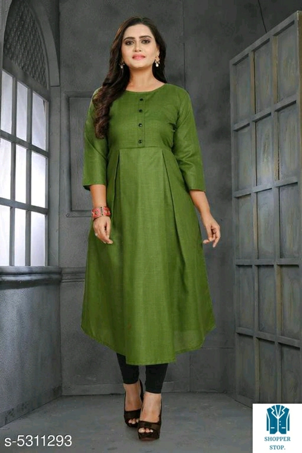 Catalog Name:*⭐Women Cotton Flared Solid Mustard Kurti*Fabric: CottonSleeve Length: Three-Quarter SleevesPattern: 