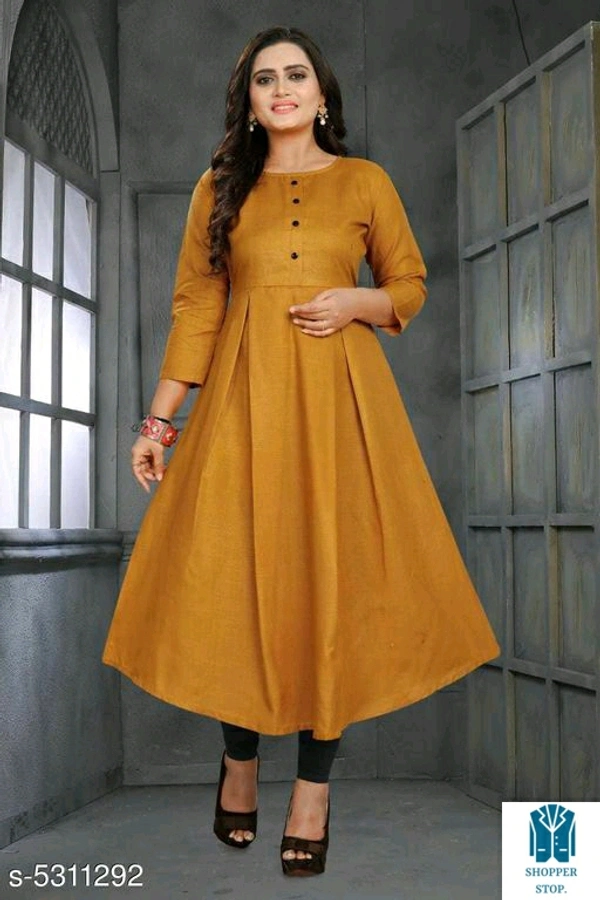 Catalog Name:*⭐Women Cotton Flared Solid Mustard Kurti*Fabric: CottonSleeve Length: Three-Quarter SleevesPattern: 