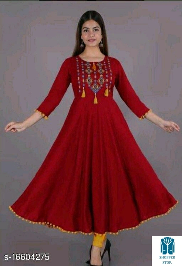Catalog Name:*⚡Women Rayon Anarkali Embroidered Yellow Kurti*Fabric: RayonSleeve Length: Three-Quarter SleevesPattern: Embroidered
