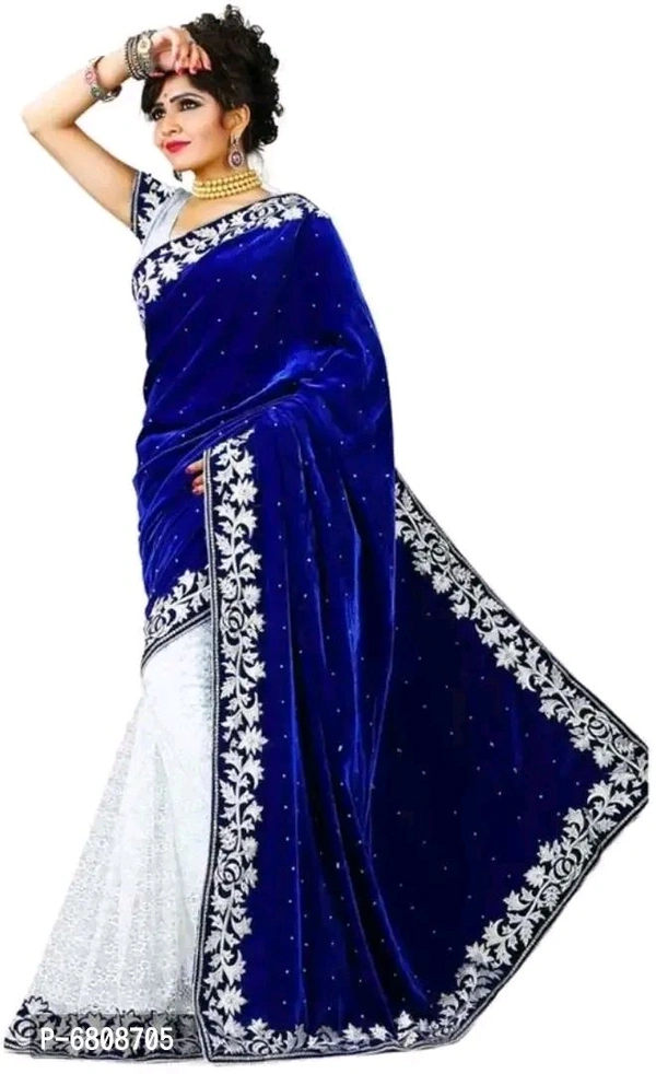 FOOG FEB Delivery Free Blue Velvet Self Pattern Sarees With Blouse For Women