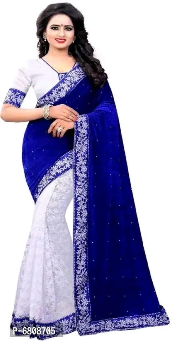 FOOG FEB Delivery Free Blue Velvet Self Pattern Sarees With Blouse For Women