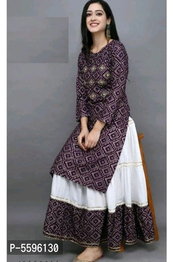 PIHU CREATION Stylish Rayon Printed Round Neck 3/4 Sleeves Kurta With Sharara Set For Women