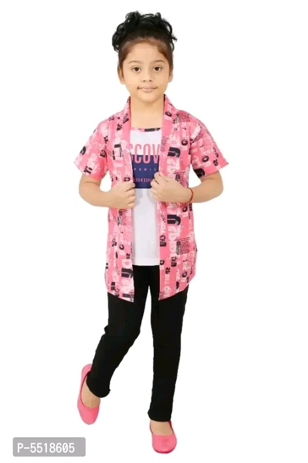 ADI KC DAS AND CO Girls Half Sleeve Cotton white Printed round neck T-Shirt with Pink printed Jacket Shrug