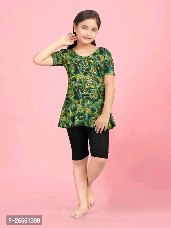 KASHISH DRESSES  Aarika Girls Sports Wear Green Colour Leaf Print Nylon Swim Suit
