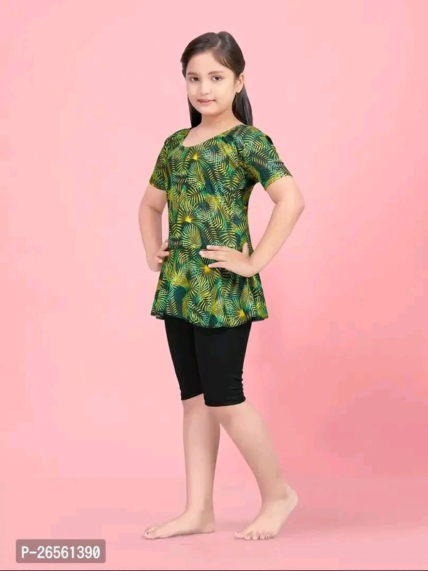 KASHISH DRESSES  Aarika Girls Sports Wear Green Colour Leaf Print Nylon Swim Suit