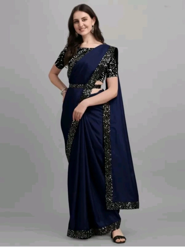 AK FABRIC Free Delivery  ₹323 WCP Self Design Bollywood Lycra Saree cre8mk M 370 - 5.5 Mtr, Navy Blue