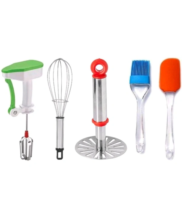OMORTEX PRODUCTS  ₹213 WCP Kitchen Tool Set, Blender Stainless Steel Bhaji Masher, Whisk, Spatula & Brush (Pack of 5) happbs M 230