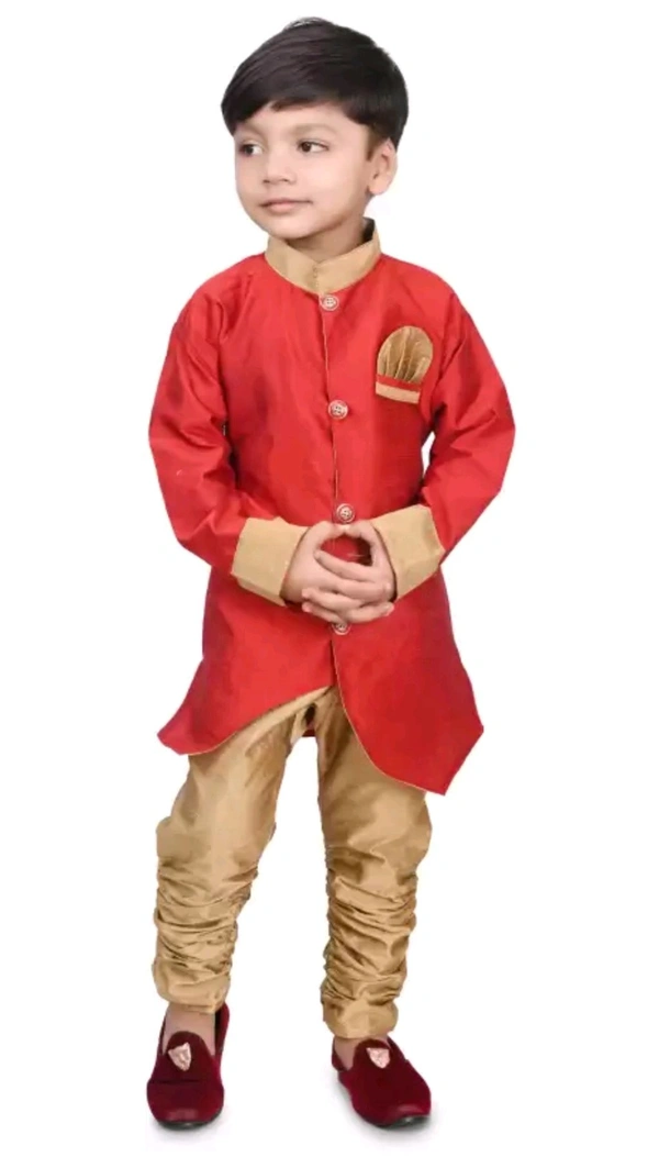 BLUE SKY GARMENTS  ₹248 WCP Boys Dupion Silk Sherwani and Churidar Set z7qm8y M 263 - Red, 6-9 Month