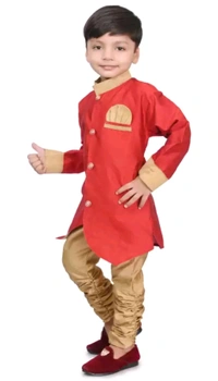 BLUE SKY GARMENTS  ₹248 WCP Boys Dupion Silk Sherwani and Churidar Set z7qm8y M 263 - Red, 6-9 Month