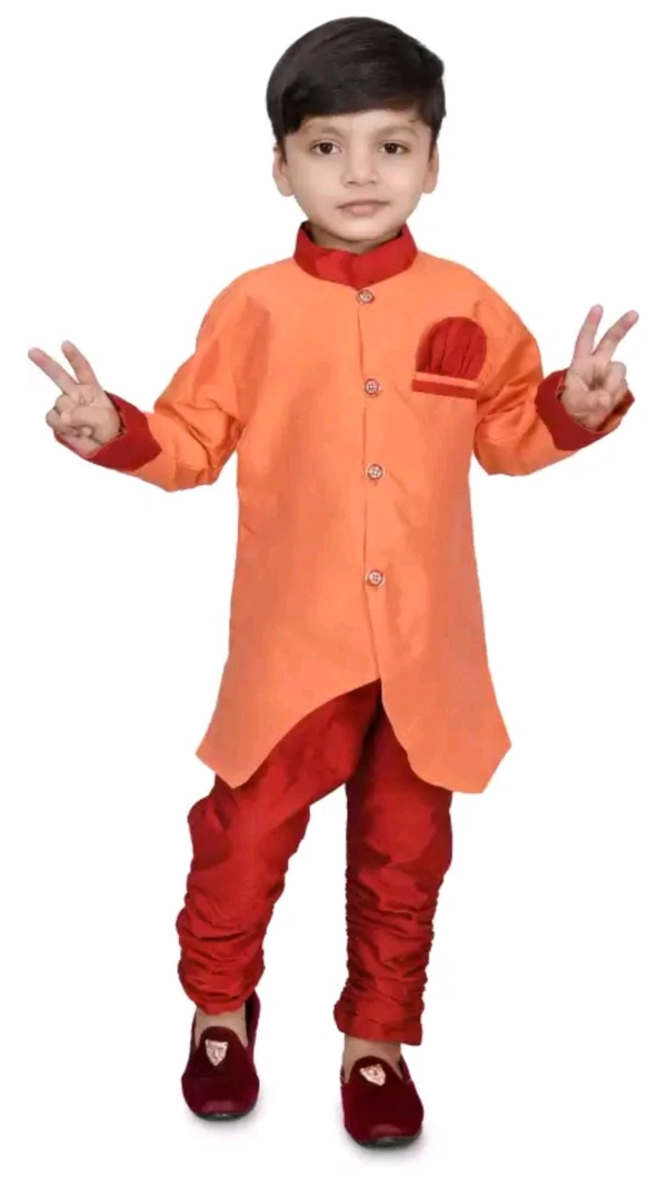 BLUE SKY GARMENTS  ₹248 WCP Boys Dupion Silk Sherwani and Churidar Set z7qm8y M 263 - Orange, 6-9 Month