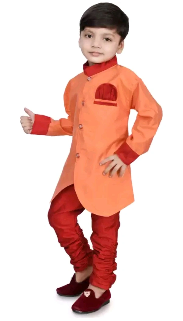 BLUE SKY GARMENTS  ₹248 WCP Boys Dupion Silk Sherwani and Churidar Set z7qm8y M 263 - Orange, 6-9 Month