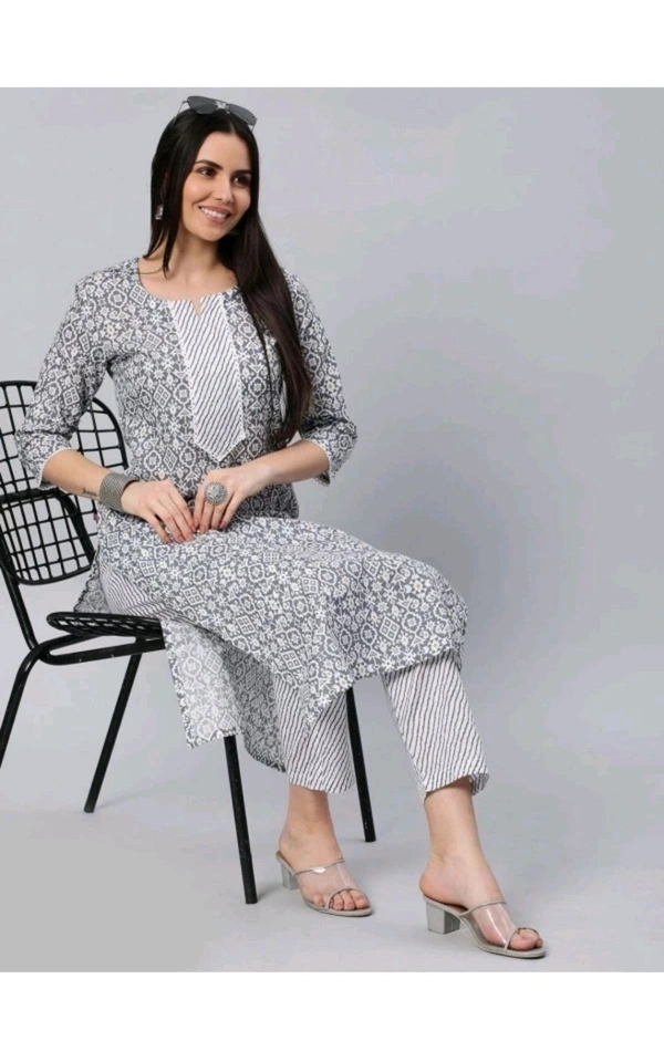 PF FASHION  ₹331 WCP Women Printed Pure Cotton Straight Kurta yge44q M 255 - Grey, S