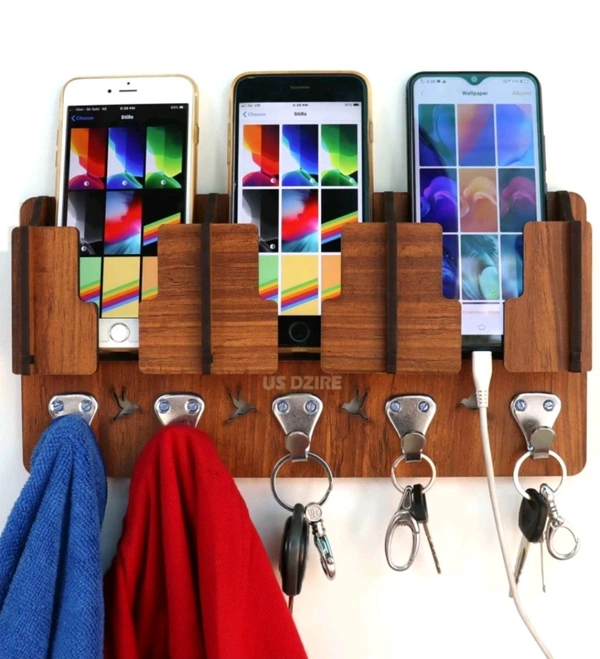 USD $ 14.27 US DZIRE TM 808 Wall Mount Wooden Multi-Functional Clothes & Key Hanger, Mobile Charging Wall Stand Suitable Living Room, Bedroom, Kitchen, Home & Office Wooden Wall Shelf (Number of Shelves - 3) rb.gy/5mxm35
