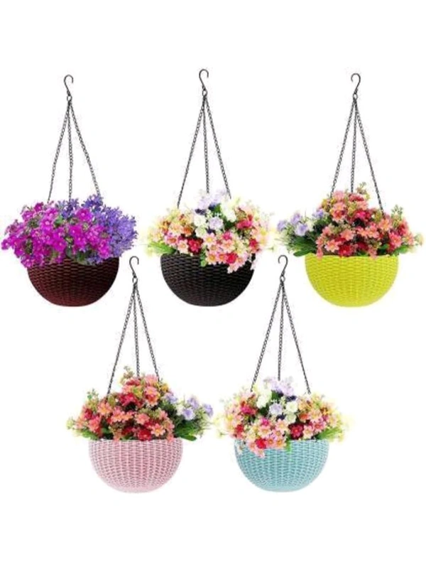 USD$ 11 PINKI ENTERPRISES SELTIX Hanging Baskets Waven FlowerPot with Hanging Chain for Garden Balcony Decoration Plant Container Set (Pack of 5, Plastic) rb.gy/u6vltk