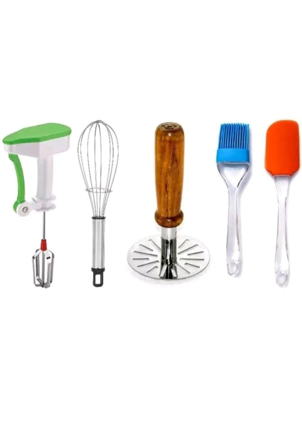 OMORTEX PRODUCTS Daily Kitchen Use Combo Of Powerfull Blender Wooden Bhaji Masher Whisk Spatula & Brush (Pack Of 5) Kitchen Tool Set (Multicolor) rb.gy/vnhrik