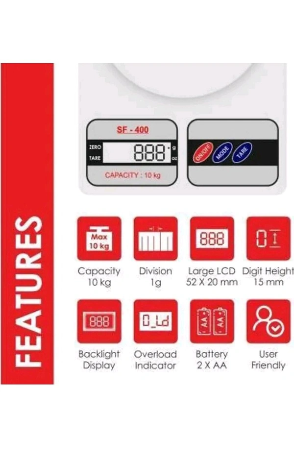 USD$11 VIYASHA ENTERPRISES, NEW DELHI uniq shopee Digital Kitchen Weighing Machine Multipurpose Electronic Weight Scale with Backlit LCD Display for Measur-ing Food, Cake, Vegetable, Fruit Weight scale SF400 Weighing Scale (White) rb.gy/7vtx1v