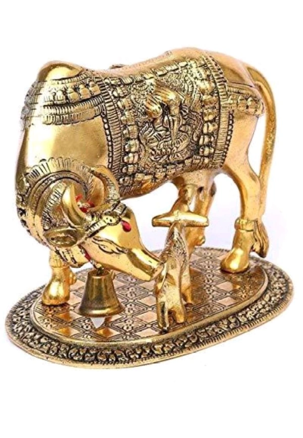 USD$ 10 SHREE GURU KRIPA TRADER  Kamdhenu Cow and calf 16 cm Religious Idol & Figurine (Iron, Gold)