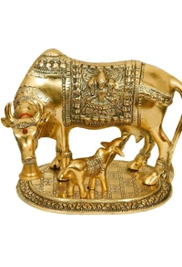 USD$ 10 SHREE GURU KRIPA TRADER  Kamdhenu Cow and calf 16 cm Religious Idol & Figurine (Iron, Gold)