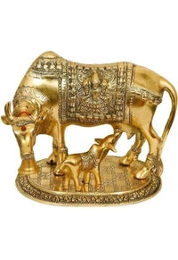 USD$ 10 SHREE GURU KRIPA TRADER  Kamdhenu Cow and calf 16 cm Religious Idol & Figurine (Iron, Gold)