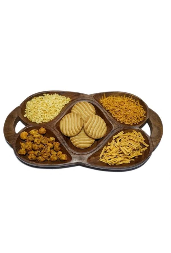 USD$16 FIRM2HOMEE CRAFTSEXPORT Serving (Snacks, Dry Fruits) Home/Kitchen Handcrafted Wooden Tray (5 Compartments) Tray  rb.gy/lx88bm
