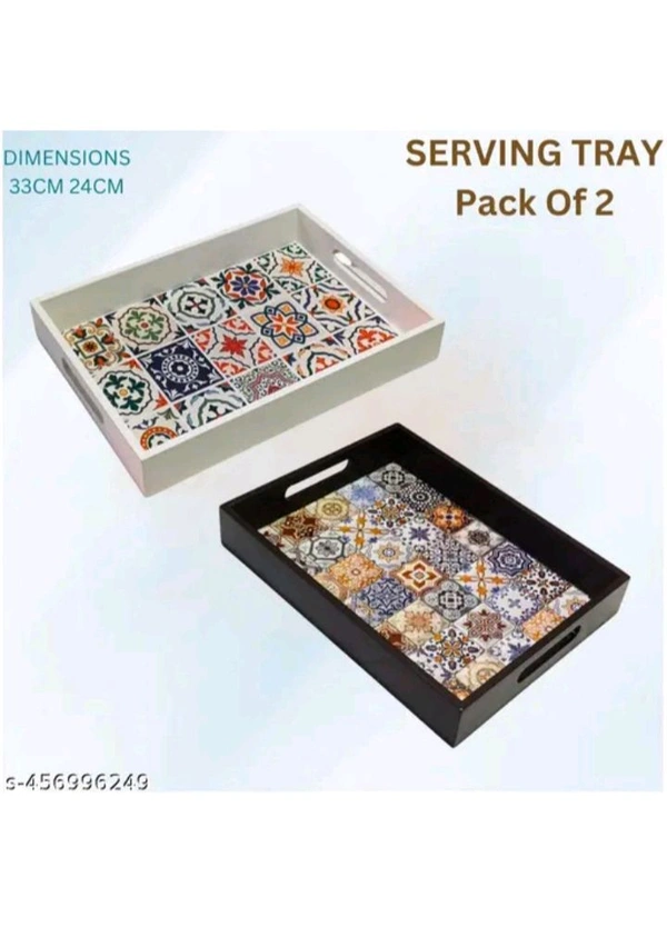ZA0006 USD $ 17.00 Rahat handicraft Name: Wooden printed serving tray pack of 2 (Brown and White Combination) rb.gy/av4uju
