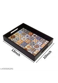 ZA0006 USD $ 17.00 Rahat handicraft Name: Wooden printed serving tray pack of 2 (Brown and White Combination) rb.gy/av4uju
