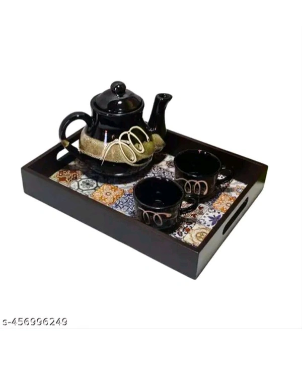 ZA0006 USD $ 17.00 Rahat handicraft Name: Wooden printed serving tray pack of 2 (Brown and White Combination) rb.gy/av4uju